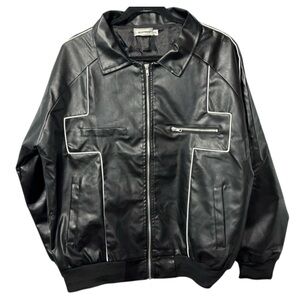 Jiechaofang Black with White Piping Faux Leather Jacket‎ in Size XL